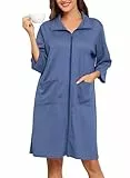 Lovasy Bademantel Waffelpique Damen mit Reissverschluss 3/4 Ärmel Waffelstrick Leichter Morgenmantel Knielang mit Taschen,Blau,XXL