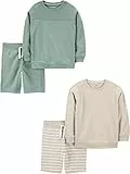 Simple Joys by Carter's Jungen 4-Piece French Terry Long-Sleeve Shirts and Shorts Playwear-Sets, Beige Streifen/Flaschengrün, 8 Jahre (4er Pack)