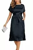 ZIYYOOHY Damen Cocktailkleid Glitzer Rundhalsausschnitt Satin Fledermausärmel Sommerkleid Elegant Kurze Ärmel Party Casual Midikleid Lose A-Linie Abendkleider mit Gürtel(6023 BK S)