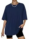 OYIGELZ Damen T-Shirt Oversized Lockere Passform Kurzarm Tops Sommer Tshirt Basic Bluse Rundhals Oberteile Weiten Trainiere Tshirt Baumwolle Tee(Dunkelblau-K1,S)