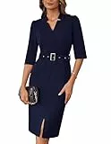 GRACE KARIN Frauen Sommer Midi Abendkleider Fashion Rockabilly V-Ausschnitt Business Cocktailkleid mit Gürtel Dunkelblau M