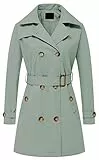 Chrisuno Zweireihiger Trenchcoat für Damen, mittellang, mit Gürtel, langer Mantel, Jacke mit abnehmbarer Kapuze, Grün, S