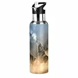 Vnurnrn Kunst Niedliches Geschenk Wolf Tier Trinkflasche Wasserflasche mit Strohhalm 600ML, Thermosflasche Vakuumisolierte aus Edelstahl 18/8, BPA-frei für Kinder Sport Wandern Schule