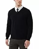 Kallspin Herren V-Ausschnitt Langarm Pullover 100% Baumwolle Leichtgewicht Pullover Casual Business Solid Pullover(Schwarz, L)
