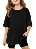 Haloumoning Mädchen T-Shirt Kurzarm Kinder Sommer Oversized Tops Rundhals Lässige Oberteile Freizeit Sport Shirts Einfarbig Basic Tshirts für Mädchen 5-14 Jahre Schwarz 150
