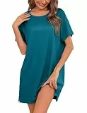 Litherday Schlafshirt Damen Nachthemd Baumwolle Kurzarm Nachtwäsche Sleepshirt Kurz Locker Seitenschlitz Schlafkleid Nachtkleid Weiche Schlafhemd Pfauenblau L