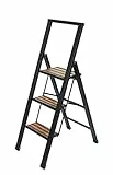 WENKO Leichte Alu-Design Klapptrittleiter 3 stufig, 75 cm höheren Stand, Rutschsichere XXL-Stufen, 44 x 127 x 5,5 cm, Schwarz