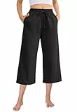 Fourindo Leinenhose Damen 3/4 Weites Bein Sommerhose Damen Leicht Hohe Taille Stoffhose mit Taschen Bequeme Causal Locker Sommer Hosen