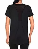 Wayleb Sportshirt Damen Kurzarm V-Ausschnitt Sommer Sport T-Shirts Sommer Leichtes Atmungsaktiv Back Mesh Laufshirt Fitness Gym Oberteile Frauen Longshirt Yoga Top, Schwarz L
