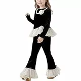 XINYUNZU Mädchen Kleidung Set Elegante Langarmshirt und Schlaghose mit Tüllsaum Freizeitanzug Mode Kinderkleidung 2-Teilig Zweiteiler Outfit Party Bekleidungssets für Kinder Frühling Schwarz 130
