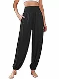 Famulily Yoga Atmungsaktive Hosen für Frauen Mädchen mit Taschen Harem Pyjamas Lounge Hosen für Sommer Strand Schwarz XL