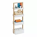 Relaxdays 10031461 Badregal, 4 Ablagen, Bambus & MDF, Badezimmer Aufbewahrung, schmales Ablageregal HBT 88x30x18 cm, weiß/Natur