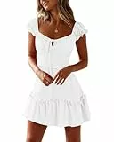 Cicy Bell Damen Sommer Rüsche Mini Kleid Smocked Boho Kleider Herzausschnitt Einfarbig Freizeitkleid Weiß S