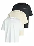 DENIMFY Tshirt Herren Relaxed Fit DFTed 3er Set Pack Rundhals Kurzarm Sommer Tee Shirt Logo Druck, Größe:XL, Farbe:Pack 1 (Black, White, Nude Beige)