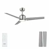 Newday Deckenventilatoren Nickel Gebürstet, 107cm Deckenventilator Silber mit Beleuchtung Dimmbar und Fernbedienung Leise, Ventilator Decke Reversibel mit 3 Flügel 3 Timer für Schlafzimmer Wohnzimmer
