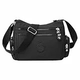 Shengxi Umhängetasche für Damen Wasserdicht Nylon Crossbody Bag Mittelgroß Handtasche Damen Leichte Schultertasche mit Breitem Schultergurt Messenger Bag für Einkaufen Reisen (Schwarz)