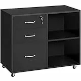 Yaheetech Rollcontainer, Aktenschrank, Büroschrank mit 5 Rollen, 3 Schubladen und 2 offenen Fächern, Industrie-Design, für Dokumente, Schwarz