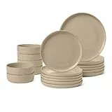 Amazon Basics Glasiertes Steingutgeschirr, 18-Teiliges Set, 6 Komplette Gedecke, Spülmaschinenfest, Leinengrau