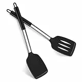 Pfannenwender, Joyfair 2 Stück Silikon Küchenhelfer Spatel Set, Pfannenwender Set mit Griff aus Edelstahl, Hitzebeständig Küchenutensilien für Kochen/Backen/Wenden, Spülmaschinenfest - Schwarz