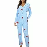 Schlafanzug Damen Lang, Pyjama Damen Sommer Langarm Mit Taschen Elegant Nachtwäsche Zweiteiler V-Ausschnitt Hausanzug Große Größen Schlafanzüge Soft Einfaches Loungewear Set Aesthetic Damenschlafanzug