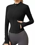 IECCP Sportjacke Damen Langarm Laufjacke Sport Oberteile Sportbekleidung für Damen Gym Yoga Trainingsjacke Dünne Jacke Fitness Outfit Shirt Top mit Daumenloch Schwarz M