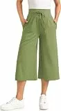 GITVIENAR Damen 3/4 Culotte Hose Freizeithose Outdoor Leichte Sporthose Lockere Traininghose Indoor Yogahose Weites Bein Elastischer Bund Tasche für Casual, Yoga, Fitness (Grün,L)