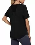 Crewhpo Sportshirt Kurzarm Damen Back Mesh Funktionsshirt Locker Sportshirt Leichtes Laufshirt Fitness Sport Oberteile Atmungsaktiv Sport Tshirt Für Yoga Tennis Schwarz L