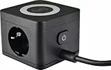 as - Schwabe 2-Fach Mehrfachsteckdose & Induktionsladefläche - 1,5 m Kabel - Steckdosenwürfel mit 3 USB-Ports - Cube Steckdose - Steckdosenturm, schwarz, 18220