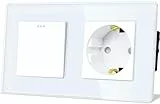 TAWOIA Lichtschalter mit Steckdose 1 Fach 1 Weg Glas Platte Unterputz Taste Schalter mit Schuko Steckdose 16 Amp 86 * 157mm Weiß Wechselschalter