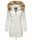 MARIKOO Damen Wintermantel warmer Steppmantel lang mit Kapuze und abnehmbarem Kunstfell-Kragen Rose Off White Gr. M