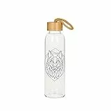 Glasflasche 0,55 Liter 'Bamboo' Trinkflasche Borosilikatglas mit Neoprentasche zum Mitnehmen von kalten Heiß Getränken BPA-frei für unterwegs Sportflasche Glas Wasserflasche (Wolf - klein)