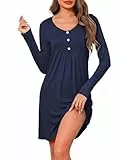 Crewhpo Nachthemden Damen Baumwolle Nachtwäsche Langarm mit V-Ausschnitt Nachthemd Einfarbiges Frauen Negligee Winter Langärmeliges Bequeme Sleepshirt Blau L