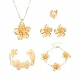 Gkaopi Blumen Schmuckset für Damen Elegante Zarte Blume Metall Blatt Halskette Verstellbares Armband Goldene Boho Ohrringe und Ring Set Hypoallergenes Schmuck-Set Geschenk (Gold)