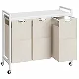 HOOBRO Wäschekorb 3 Fächer, Wäschesammler mit Ablage, Wäschebox, Wäschewagen mit Rollen, 3 x 39,8 L, Wäschesack aus Oxford-Gewebe, Weiß EWG38XY01G1