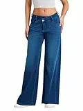 LaiEr Damen Jeans mit Weite Bein,Einzigartigem Bund Design,Echtem Reißverschlussfront,geradem Schnitt und lockerer Passform Hochelastische Denim Hose,Geeignet für Freizeit,Yoga und Fitness.(DarkBluM)