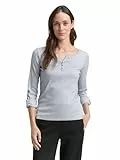 TOM TAILOR Damen Henley Longsleeve mit Streifen aus Bio-Baumwolle, 26053 - Offwhite Navy Small Stripe, L