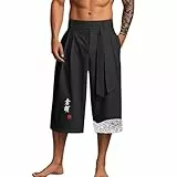 Japanische Taro-Leinen-Kurzhose Herren – traditionelles Design, Kordelzug & atmungsaktiv, ideal für Sommer, Strand & Outdoor-Aktivitäten (Black, XL)
