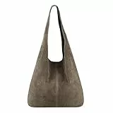 OBC Made IN Italy Damen Leder Tasche Handtasche Wildleder Shopper Schultertasche Hobo-Bag Henkeltasche Beuteltasche Velourleder (Taupe (Wildleder))