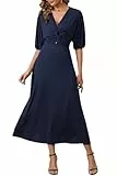 ZIYYOOHY Damen Elegant Lang Kleider V-Ausschnitt Twist 3/4 Fledermausärmel Casual Wickel Kleid Partykleid(6031 MB S)