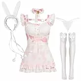IDOPIP Bunny Katze Kostüm Sexy Maid Lingerie Damen Dessous Set 5/6 TLG. Cosplay Outfit Einteiler mit Ohren Spitzen Babydoll Dress Halloween Nachtwäsche Mit G-String rosa Einheitsgröße