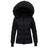 KODMNSW Winterjacke Damen Wärme Puffer Jacke mit Fellkapuze (Abnehmbar) Verdickt Steppjacke Daunenjacken Freizeit Winter Parka Einfarbig Fashion Baumwollejacke Coat for Women Schwarz M