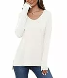 YGJIEGENG Pullover Damen V Ausschnitt Strickpullover Herbst Winter Sweatshirt Leichter Einfarbig Pullover Elegant Casual Oversize Warm Oberteile Weiss M