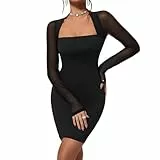 MeeQee Damen Kleid Sexy Mesh Langarm Quadratischer Ausschnitt Minikleid Hohe Taille Eng Kurz Partykleid Schwarz Bodycon Elegant Cocktailkleid Abendkleider Herbst Einfarbig Hochzeit Wickelkleid