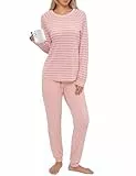 Litherday Schlafanzug Damen Lang Baumwolle Pyjama Set Nachtwäsche Winter Zweiteiliger Gestreift Sleepwear und Pyjamahose mit Tasche