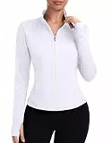 PINSPARK Laufjacke Damen Kurze Sportjacke Langarm Trainingsjacke Yoga Jacke Fitness Sweatjacke Reißverschlusstaschen mit Daumenlöchern Weiß L