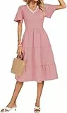 Kate Kasin Damen V-Ausschnitt Kurzarm Midikleid mit A-Linie Rock aus Kontraststoff Party Cocktail Hochzeit Gastkleider Frühling Sommer Rosa XXL