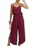 Canli4Y Jumpsuit Damen Sommer Sexy Cocktail Elegant Mode Gürtel Overall Hochzeit Hawaii Urlaub Strand V-Ausschnitt Hosenanzug Business Baggy Festlich Spaghettiträger Outfit Weinrot S