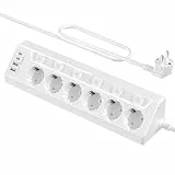 Inhwatek Eck Steckdosenleiste Überspannungsschutz mit USB C, 6 Fach Tischsteckdose Mehrfachsteckdose mit 2M Kabel (4000W,16A) Steckdosenleiste Wandmontage für Küchemit Heim Büro