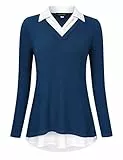KOJOOIN Damen Bluse Oberteil mit Hemdkragen Langarm Farbblock Hemdbluse V-Ausschnitt Hemd Blau 2 S