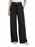 GRACE KARIN Damen Sommer Leinen Palazzo Hosen Weite Fließend Strand Hosen Elastischer Bund Lange Loungehose mit Abnehmbarer Gürtel Schwarz XL